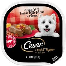 <span data-sheets-root="1" style="font-size:9pt;font-family:Arial;font-weight:normal;font-style:normal;">Cesar Loaf &amp; Topper in Sauce Wet Dog Food, Angus Beef Flavor with Bacon &amp; Cheese, 3.5 oz</span>&nbsp;